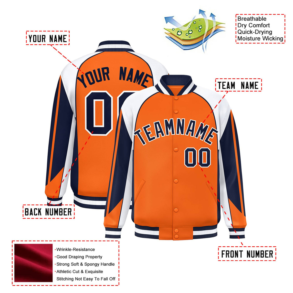 Custom Orange White-Navy Raglan Sleeves Varsity Letterman Two Tone Jacket