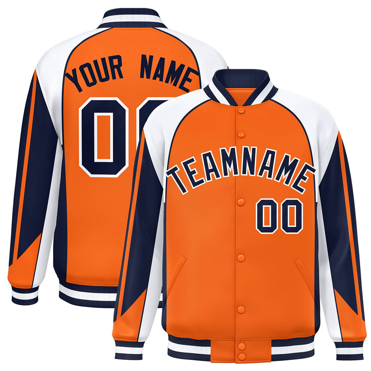 Custom Orange White-Navy Raglan Sleeves Varsity Letterman Two Tone Jacket