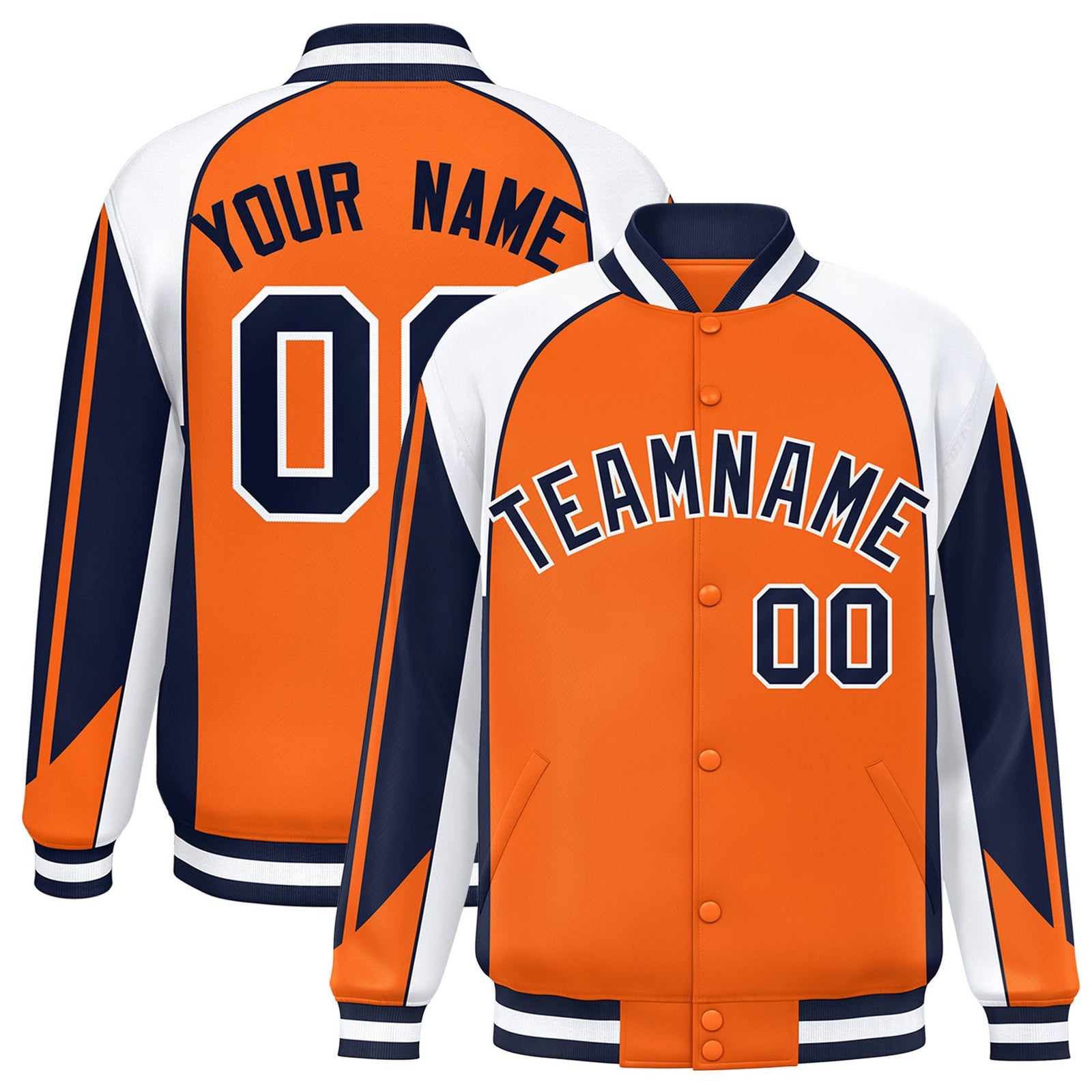 Custom Orange White-Navy Raglan Sleeves Varsity Letterman Two Tone Jacket