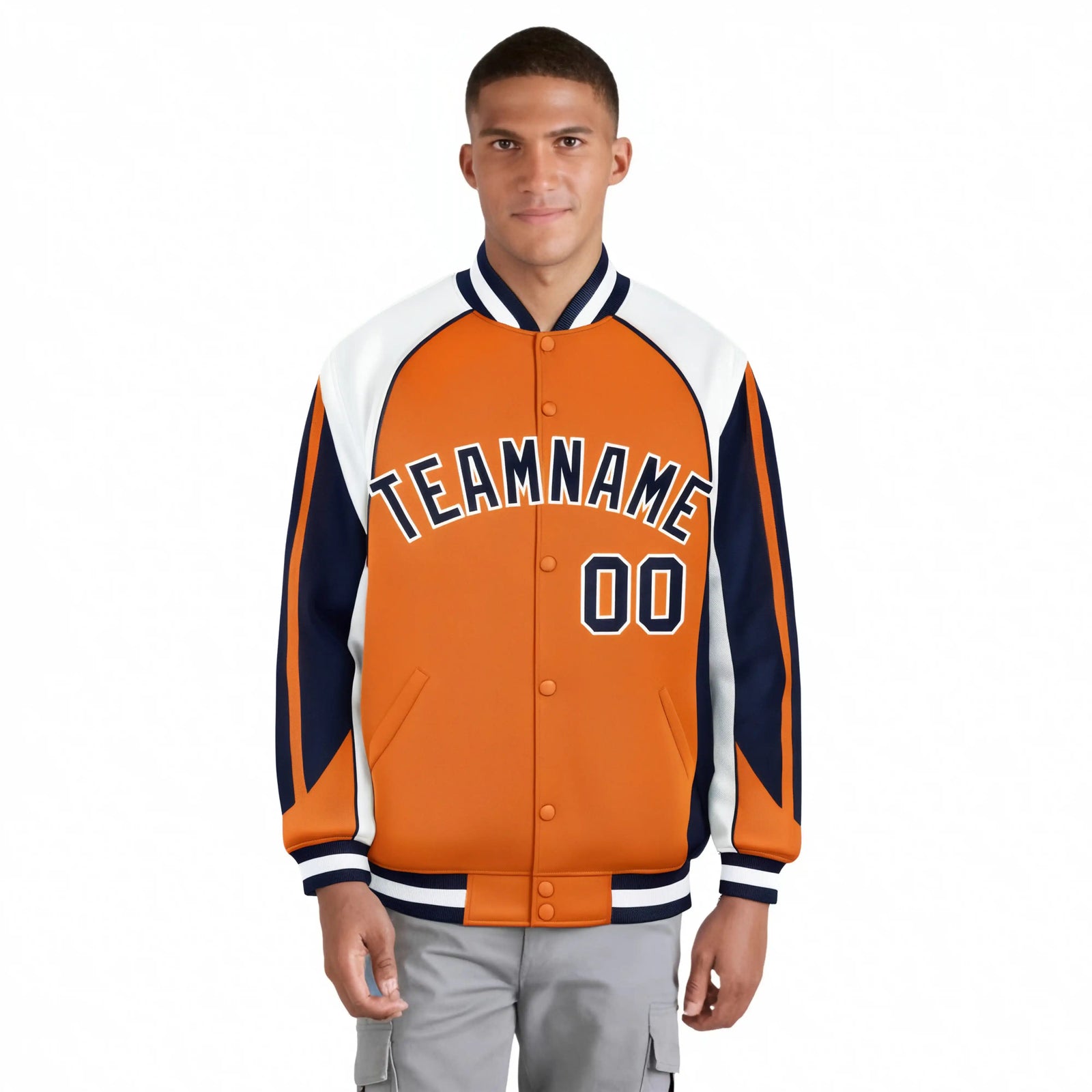 Custom Orange White-Navy Raglan Sleeves Varsity Letterman Two Tone Jacket