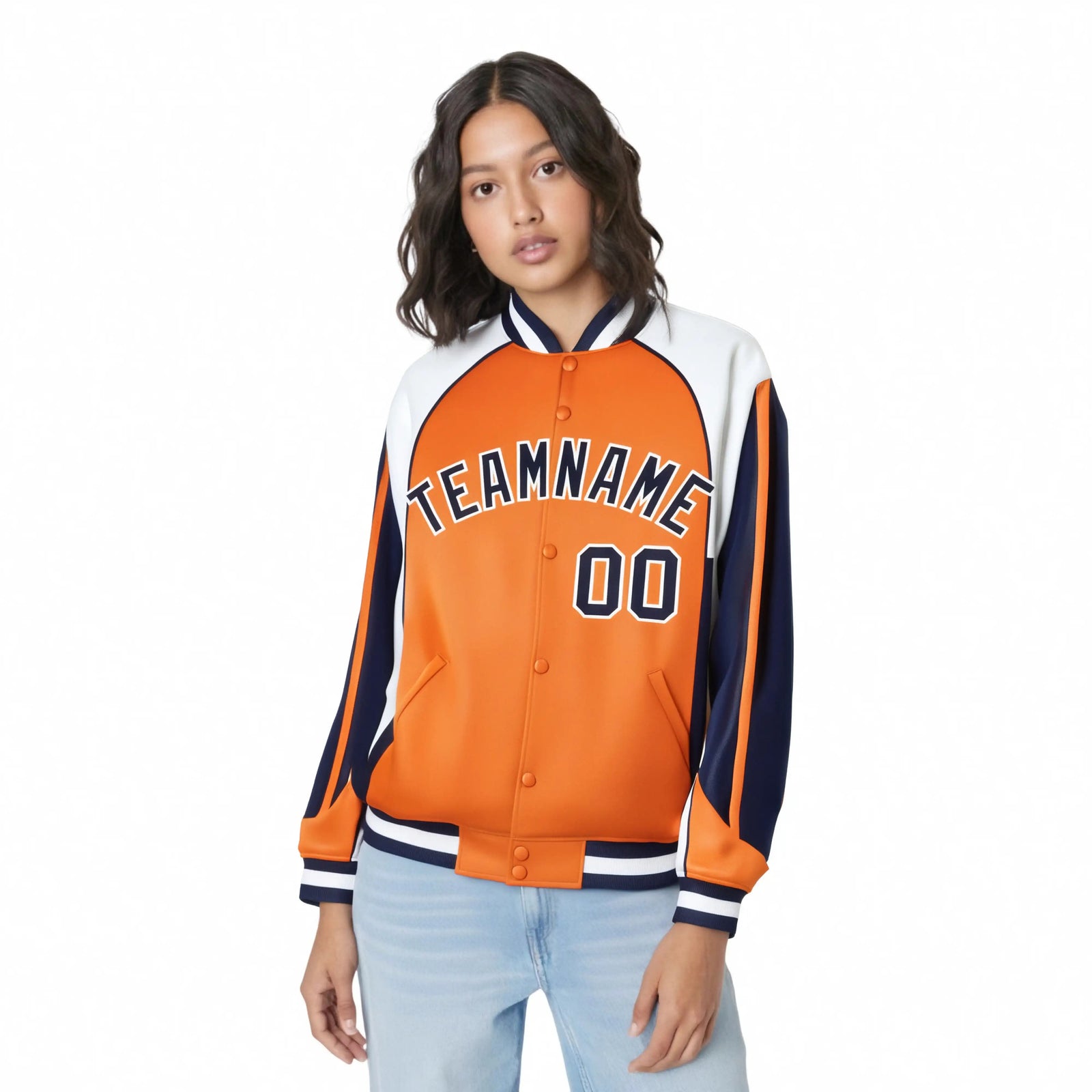 Custom Orange White-Navy Raglan Sleeves Varsity Letterman Two Tone Jacket
