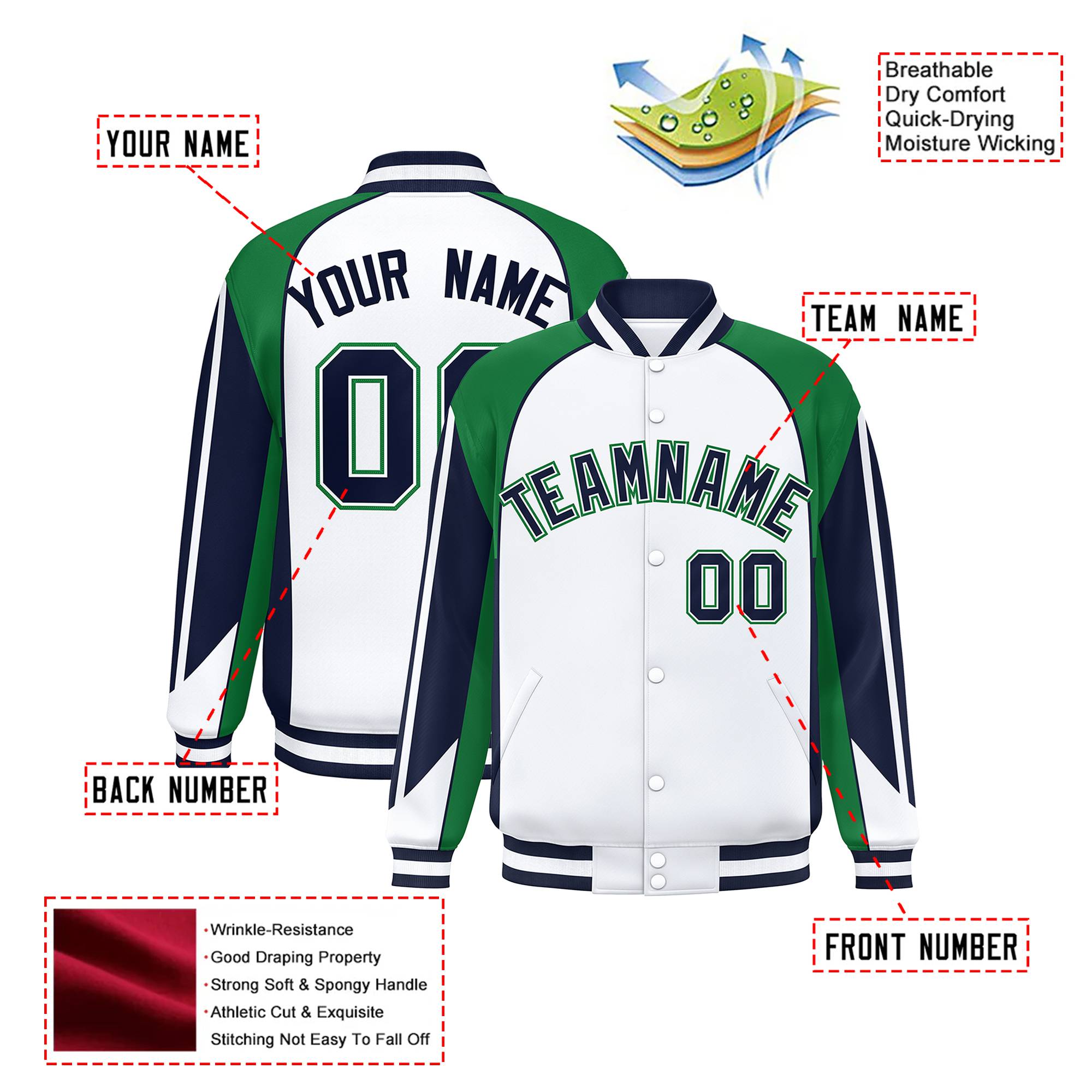 Custom White Green-Navy Raglan Sleeves Varsity Letterman Two Tone Jacket