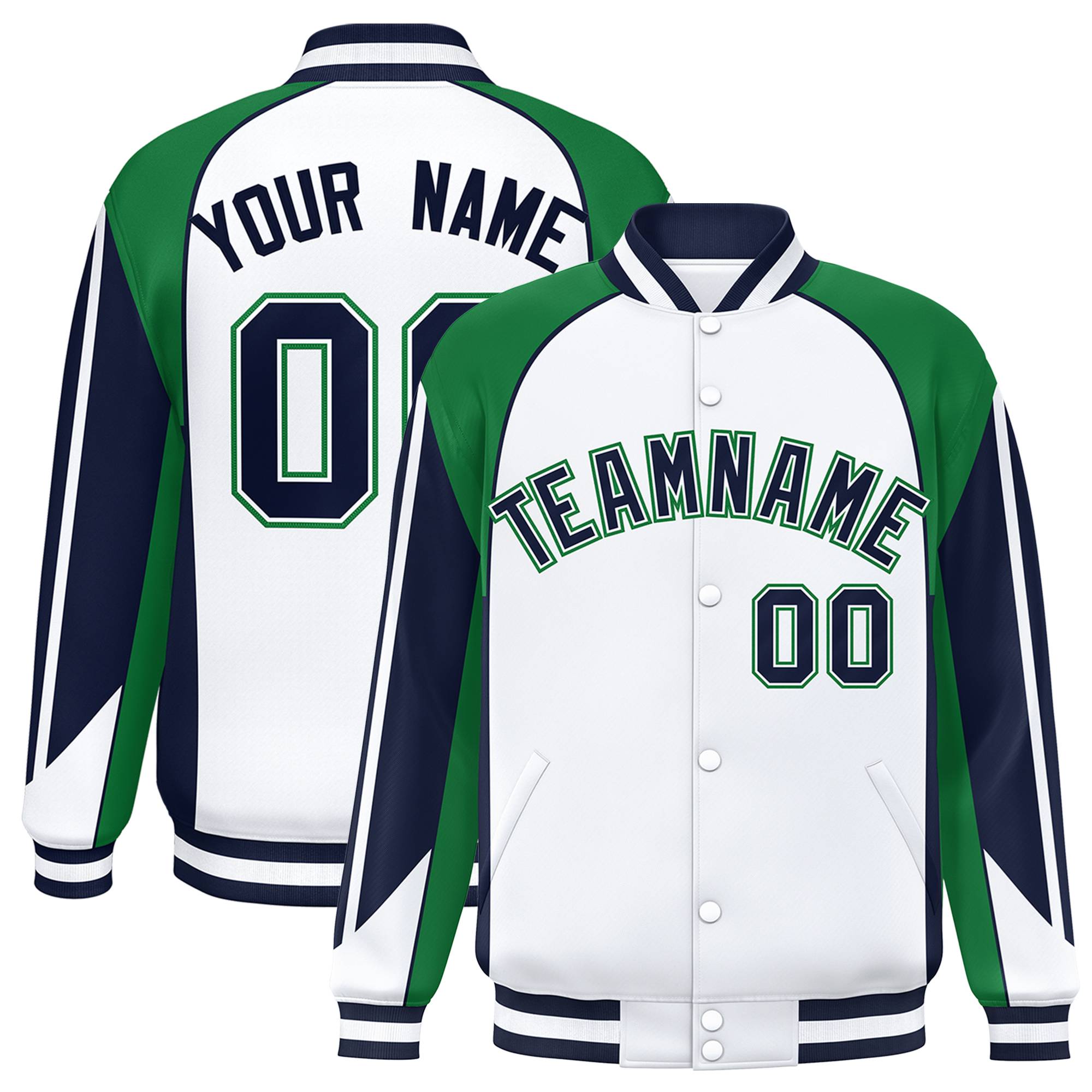 Custom White Green-Navy Raglan Sleeves Varsity Letterman Two Tone Jacket