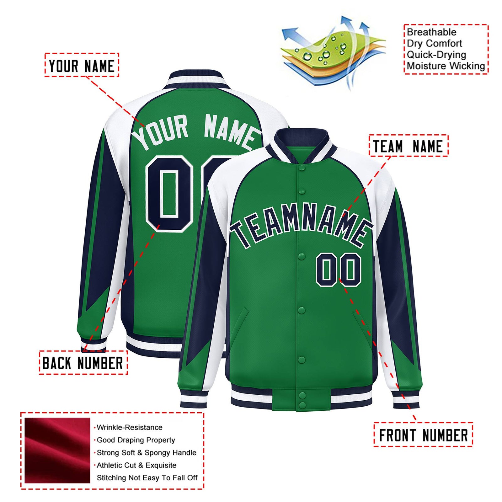 Custom Green White-Navy Raglan Sleeves Varsity Letterman Two Tone Jacket