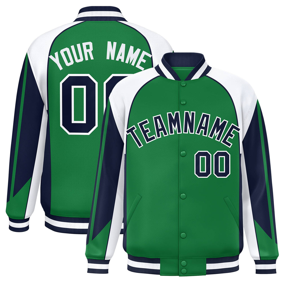 Custom Green White-Navy Raglan Sleeves Varsity Letterman Two Tone Jacket