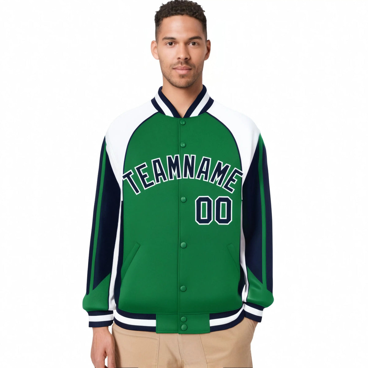 Custom Green White-Navy Raglan Sleeves Varsity Letterman Two Tone Jacket