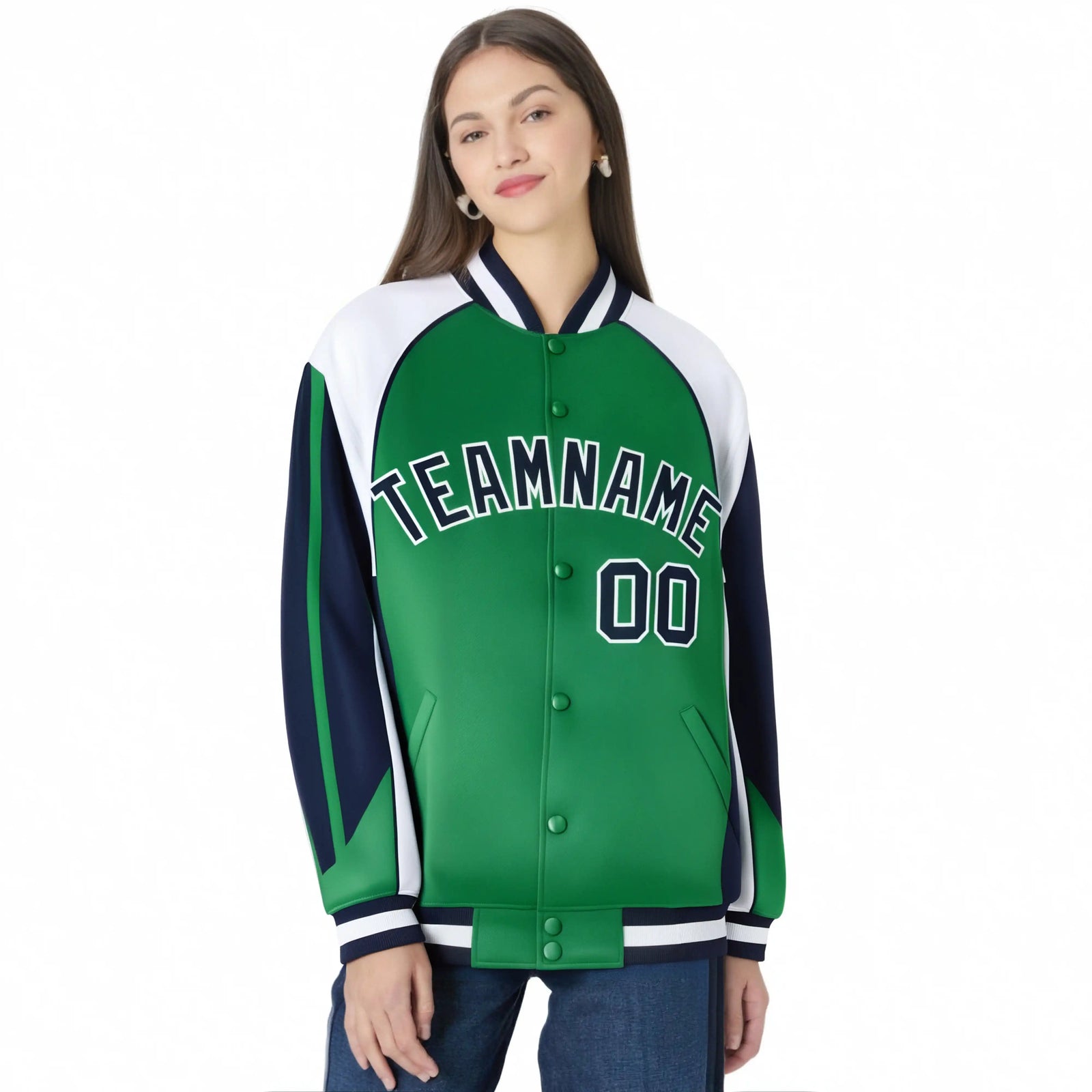 Custom Green White-Navy Raglan Sleeves Varsity Letterman Two Tone Jacket
