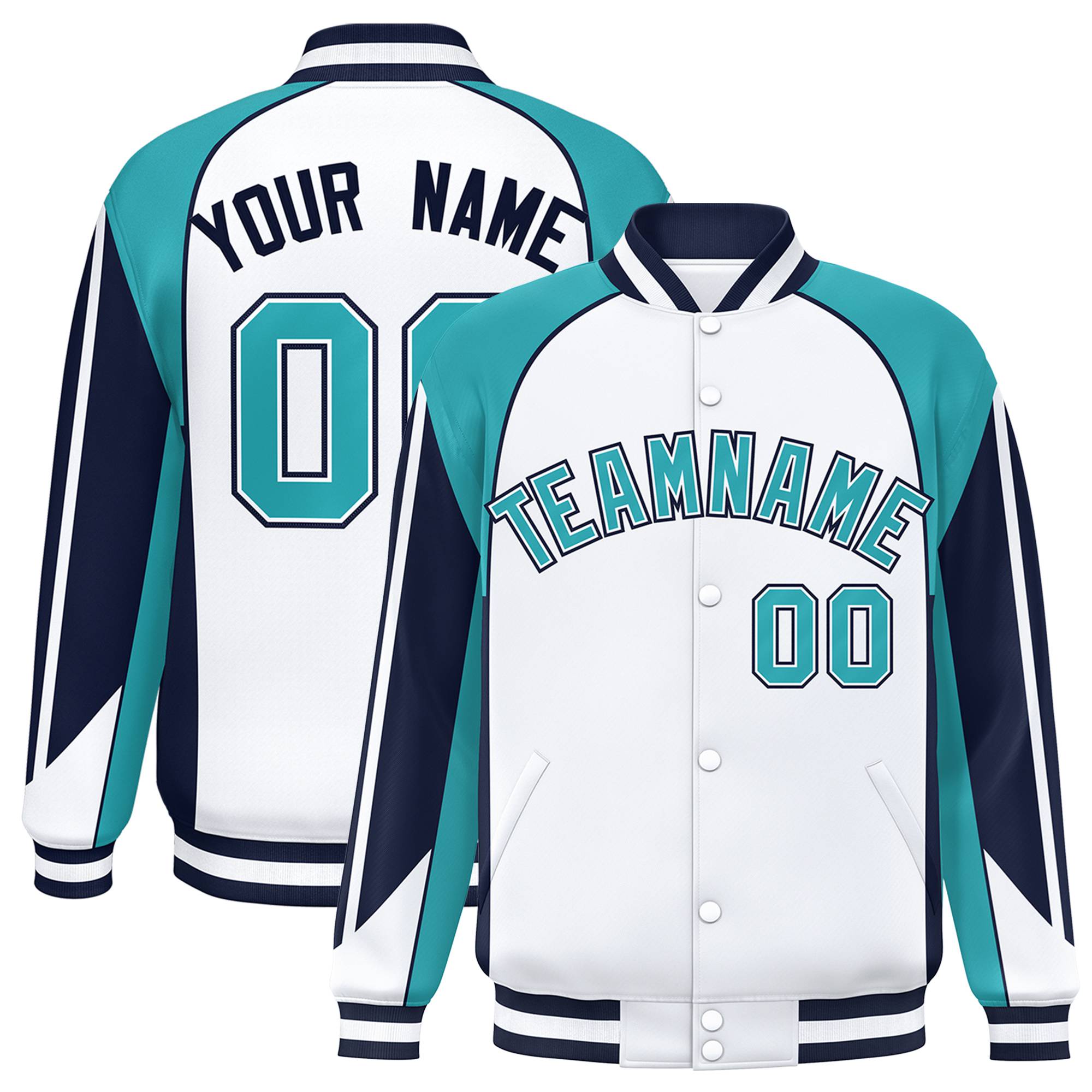 Custom White Aqua-Navy Raglan Sleeves Varsity Letterman Two Tone Jacket