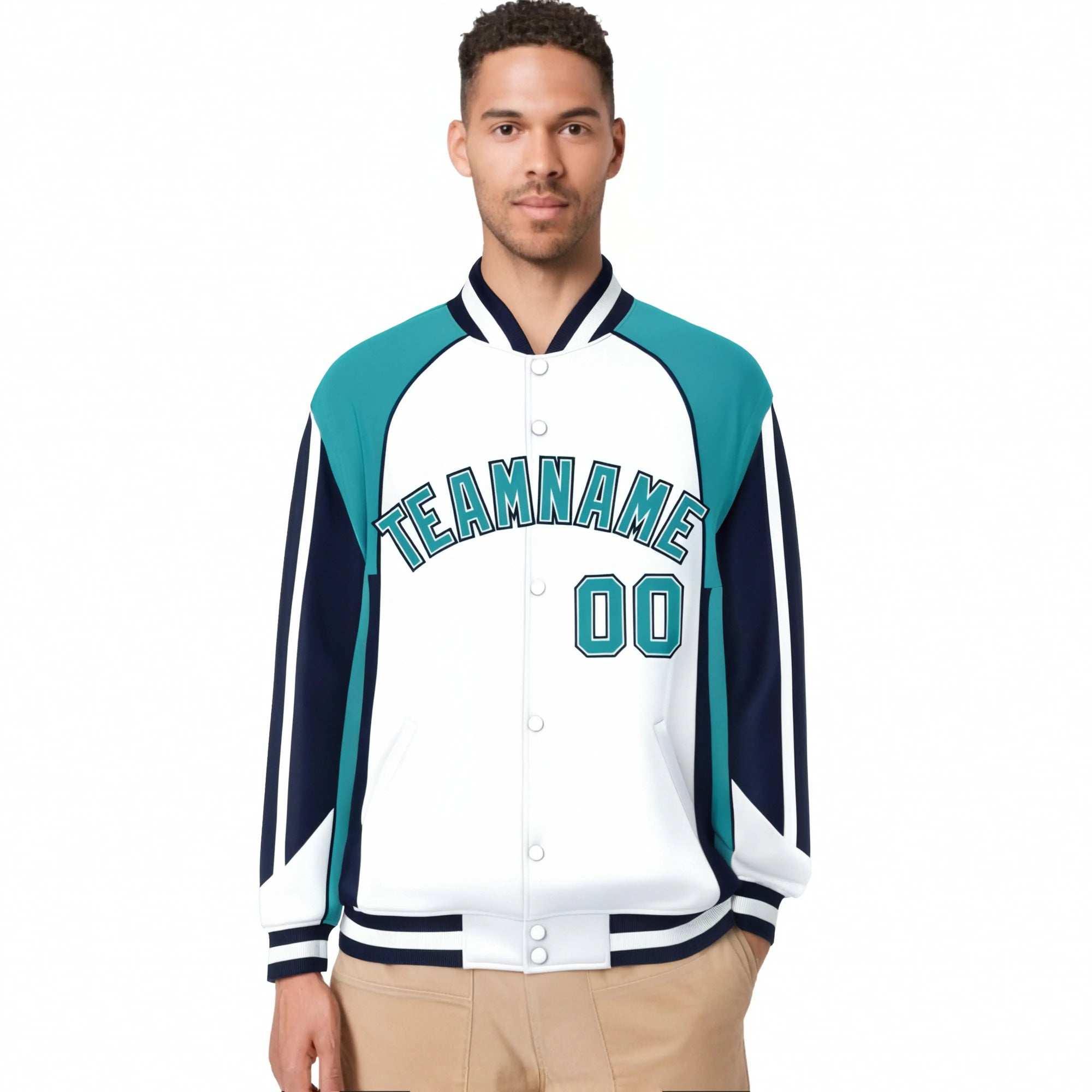 Custom White Aqua-Navy Raglan Sleeves Varsity Letterman Two Tone Jacket