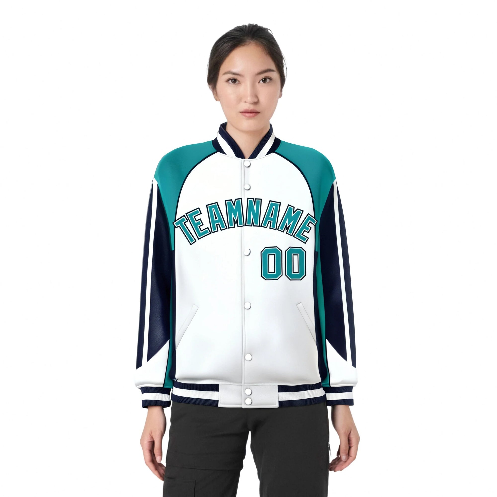 Custom White Aqua-Navy Raglan Sleeves Varsity Letterman Two Tone Jacket