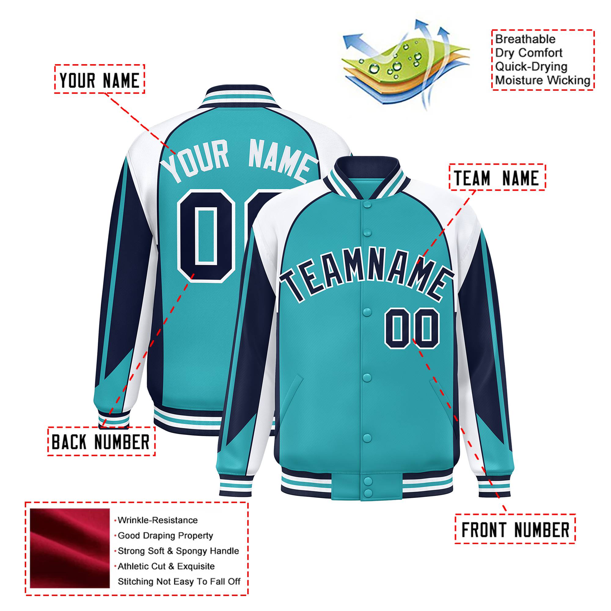 Custom Aqua White-Navy Raglan Sleeves Varsity Letterman Two Tone Jacket