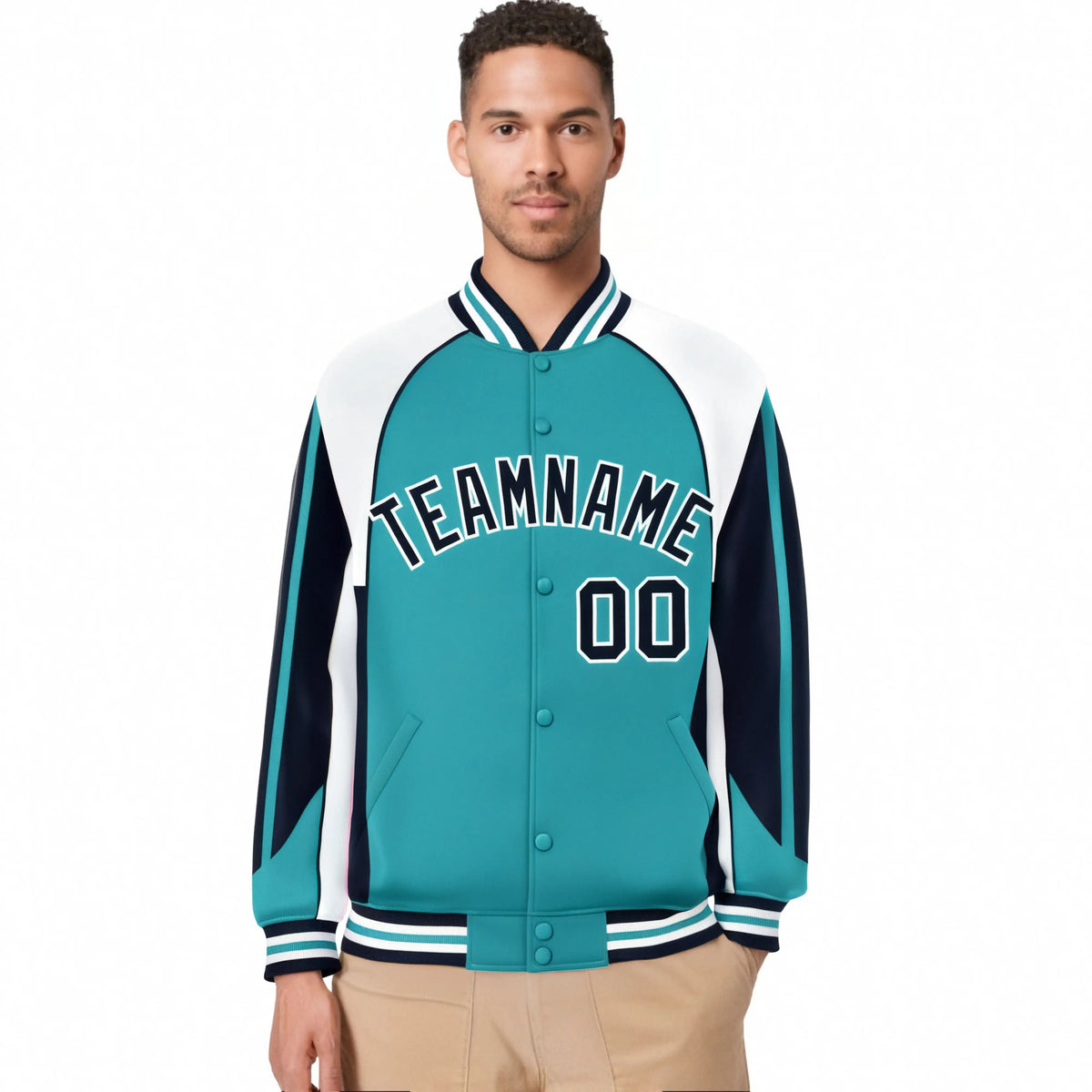 Custom Aqua White-Navy Raglan Sleeves Varsity Letterman Two Tone Jacket