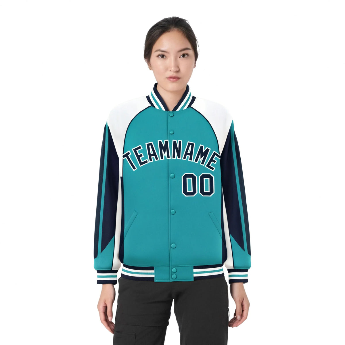 Custom Aqua White-Navy Raglan Sleeves Varsity Letterman Two Tone Jacket