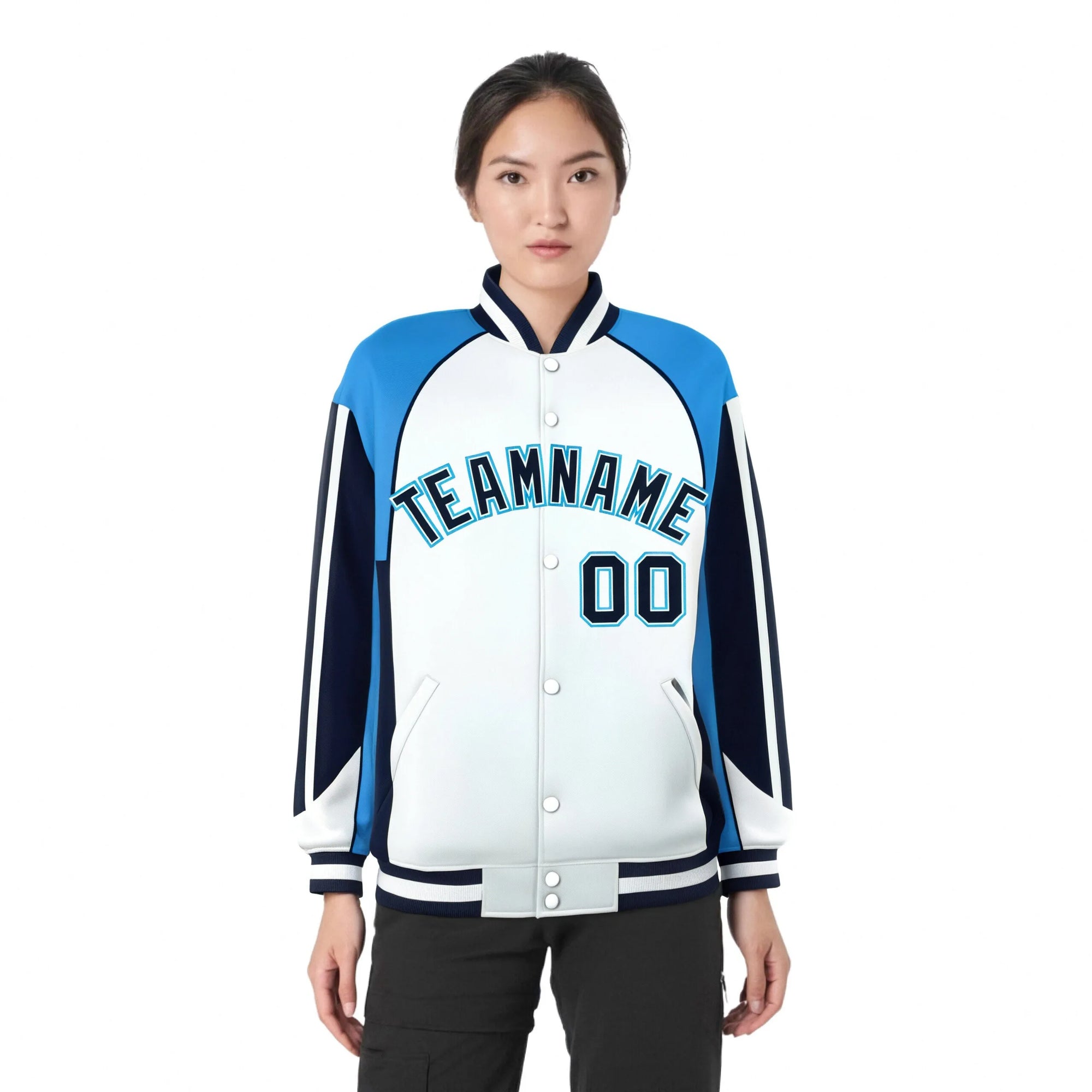 Custom White Light-Blue Navy Raglan Sleeves Varsity Letterman Two Tone Jacket