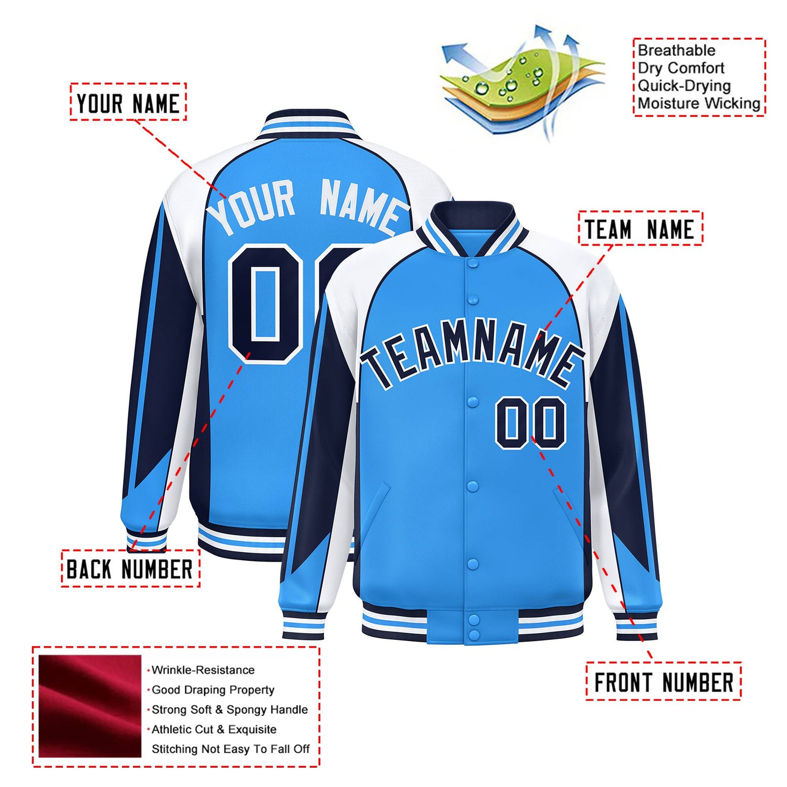 Custom Light-Blue White-Navy Raglan Sleeves Varsity Letterman Two Tone Jacket