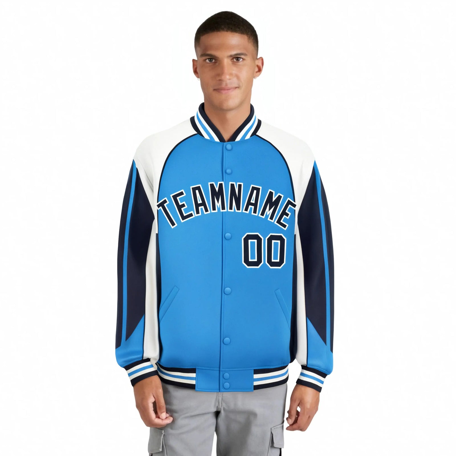 Custom Light-Blue White-Navy Raglan Sleeves Varsity Letterman Two Tone Jacket