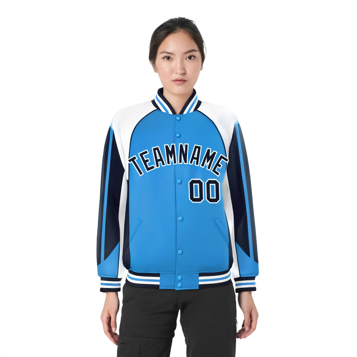 Custom Light-Blue White-Navy Raglan Sleeves Varsity Letterman Two Tone Jacket
