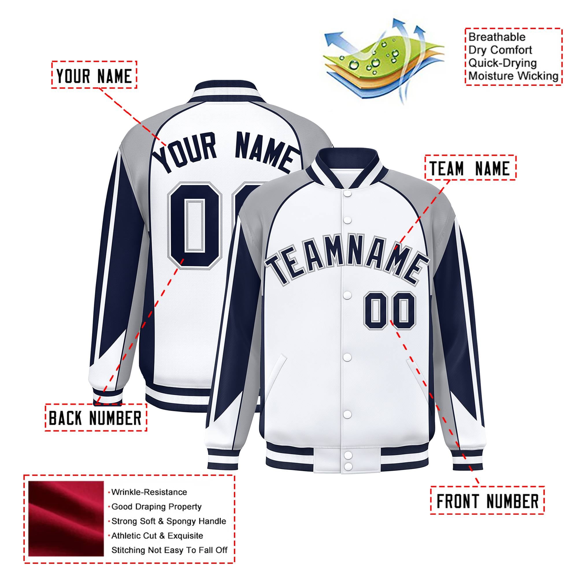 Custom White Gray-Navy Raglan Sleeves Varsity Letterman Two Tone Jacket