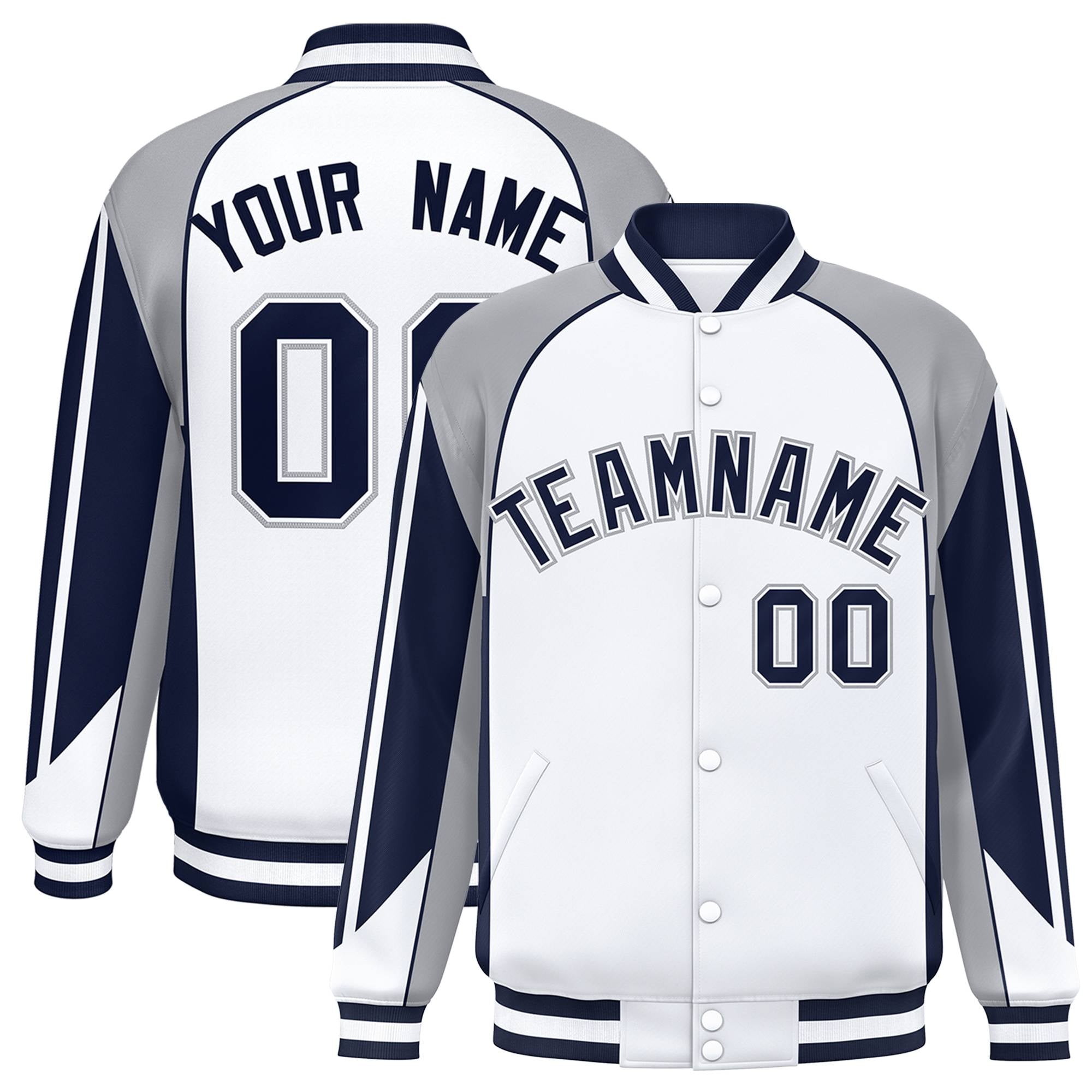 Custom White Gray-Navy Raglan Sleeves Varsity Letterman Two Tone Jacket