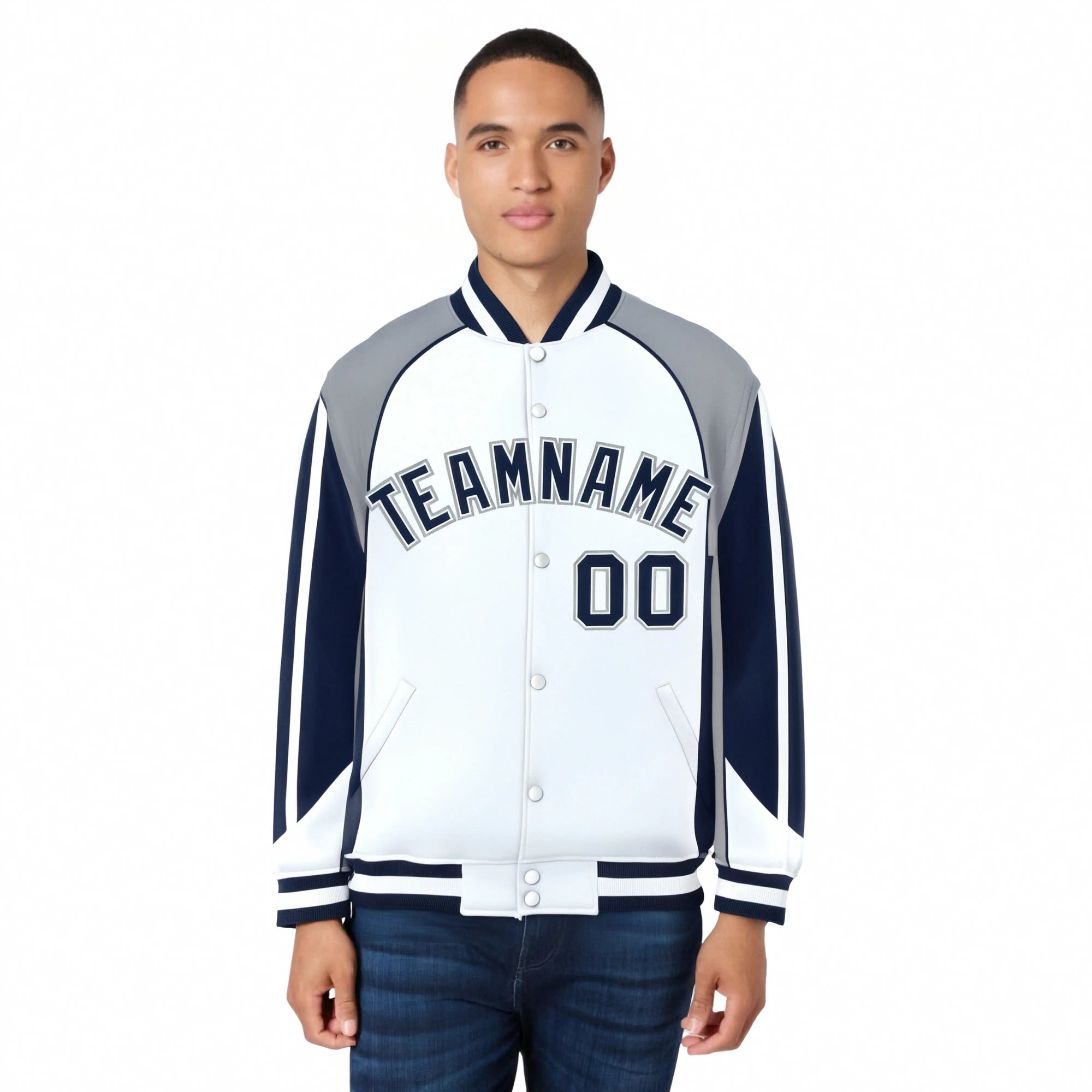 Custom White Gray-Navy Raglan Sleeves Varsity Letterman Two Tone Jacket