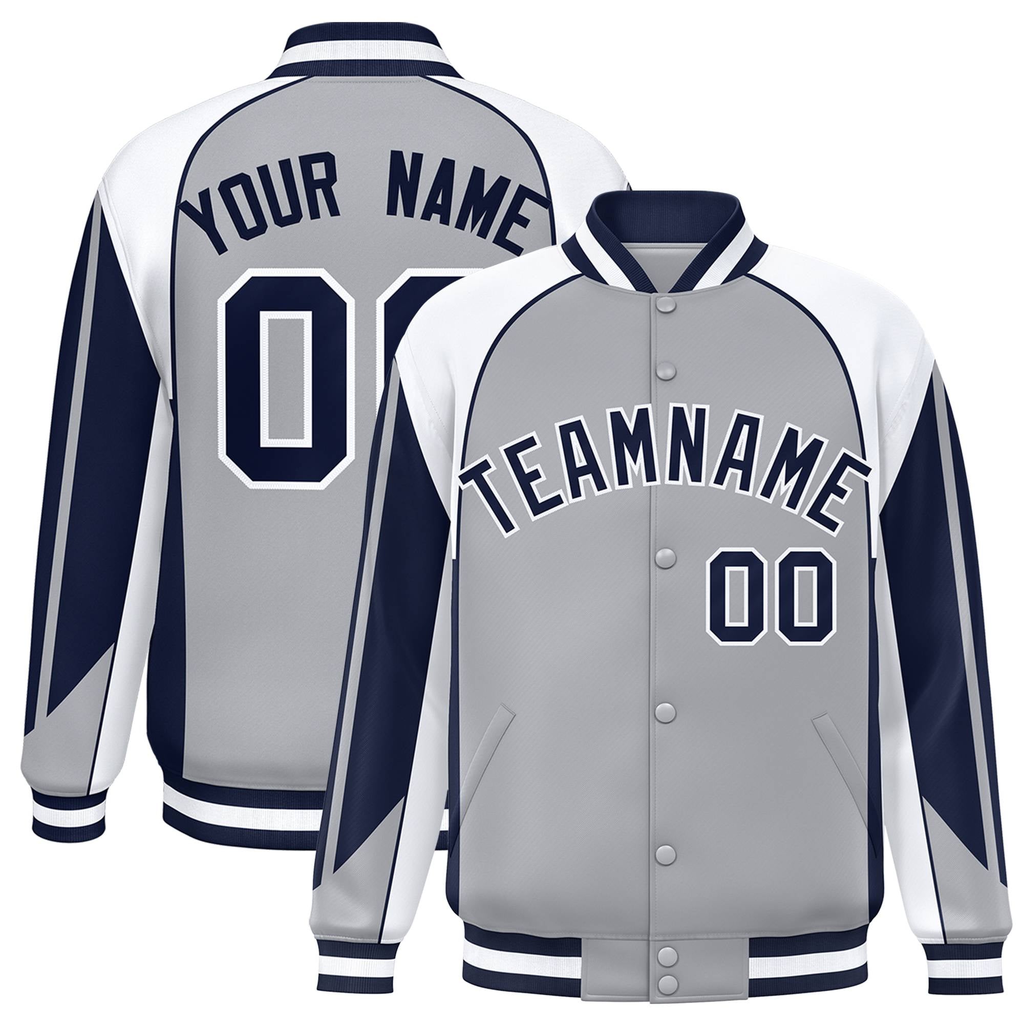 Custom Gray White-Navy Raglan Sleeves Varsity Letterman Two Tone Jacket