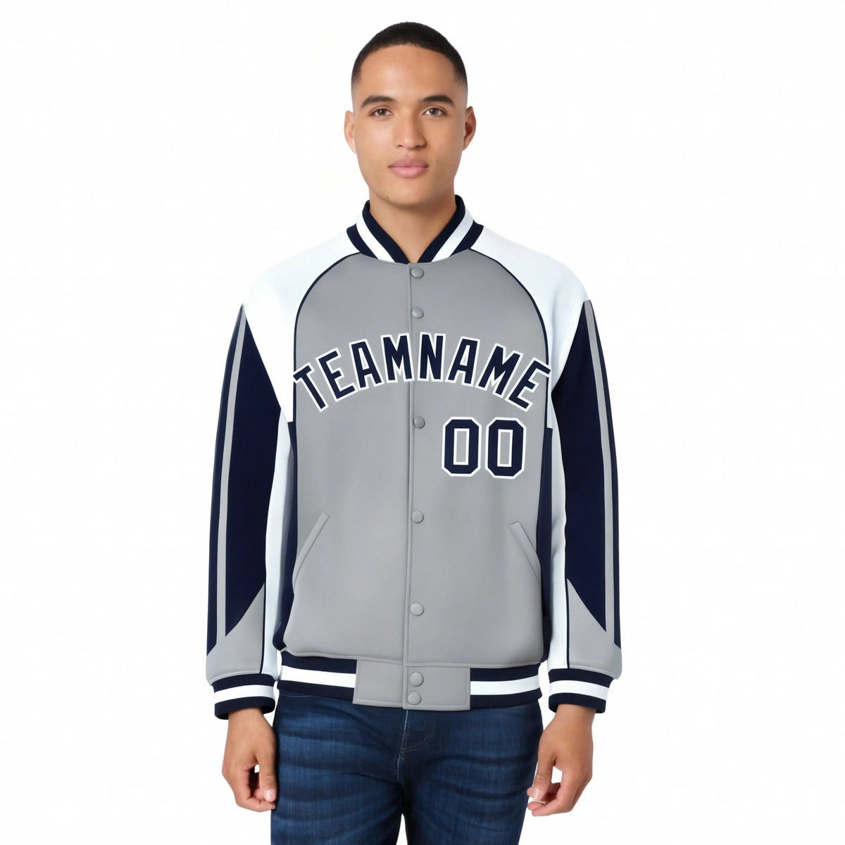 Custom Gray White-Navy Raglan Sleeves Varsity Letterman Two Tone Jacket