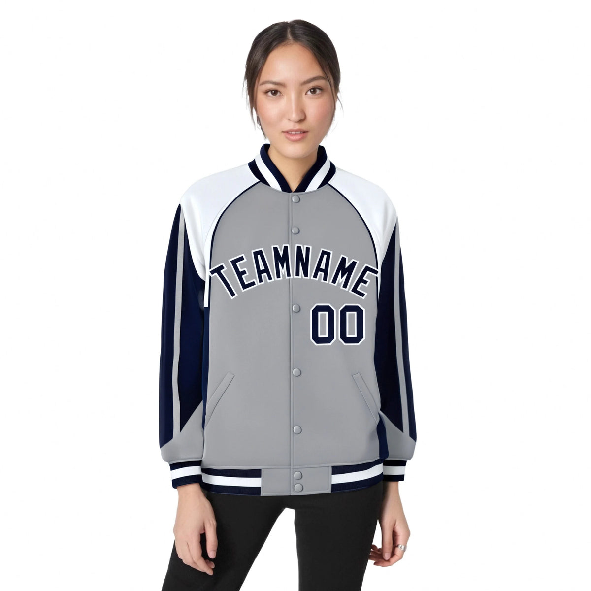 Custom Gray White-Navy Raglan Sleeves Varsity Letterman Two Tone Jacket
