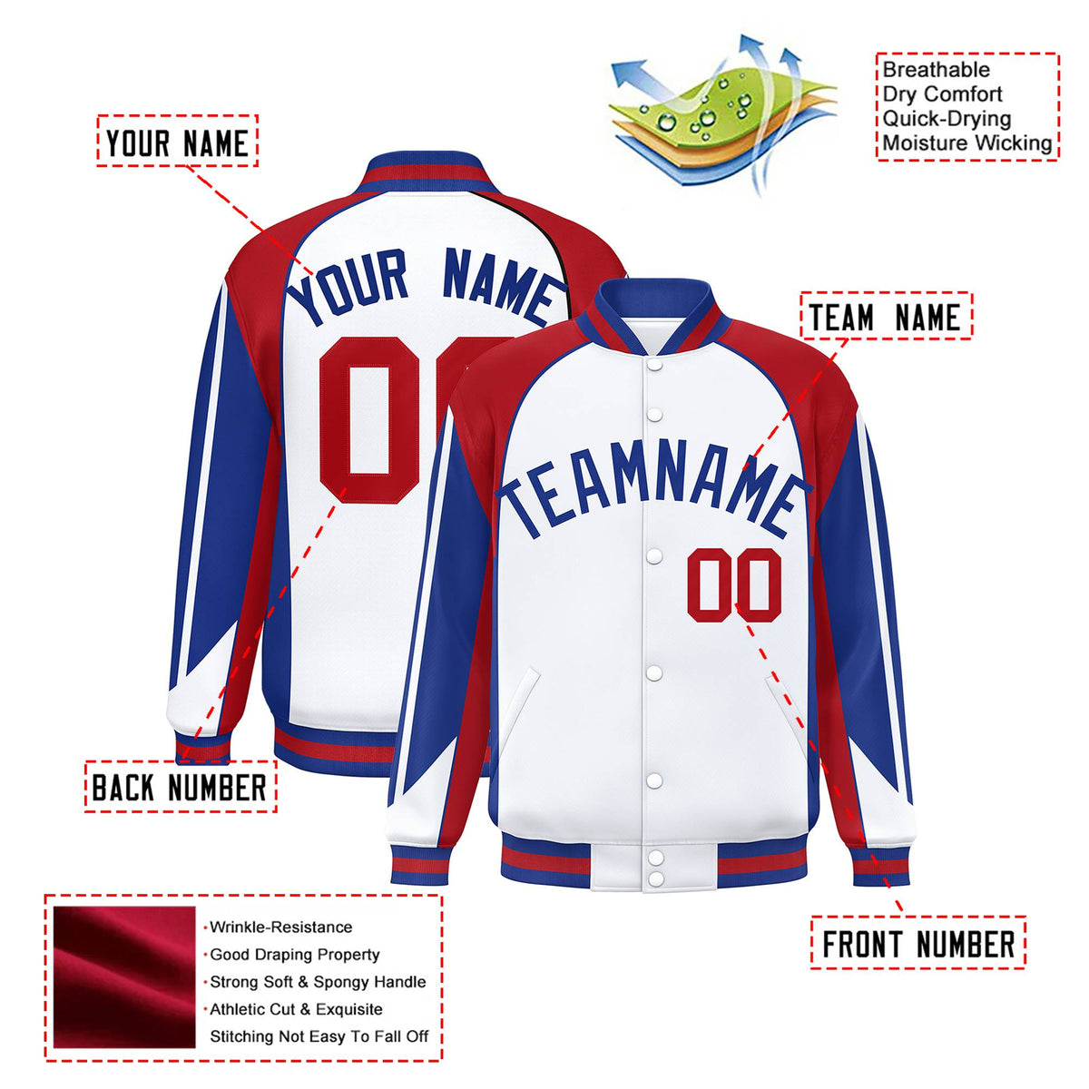 Custom White Red-Blue Raglan Sleeves Varsity Letterman Two Tone Jacket