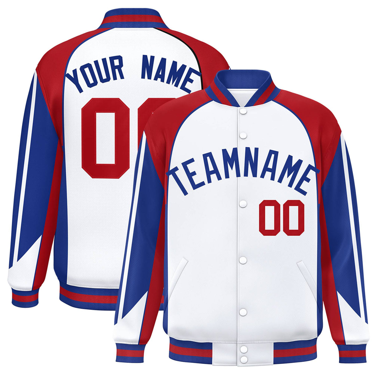 Custom White Red-Blue Raglan Sleeves Varsity Letterman Two Tone Jacket