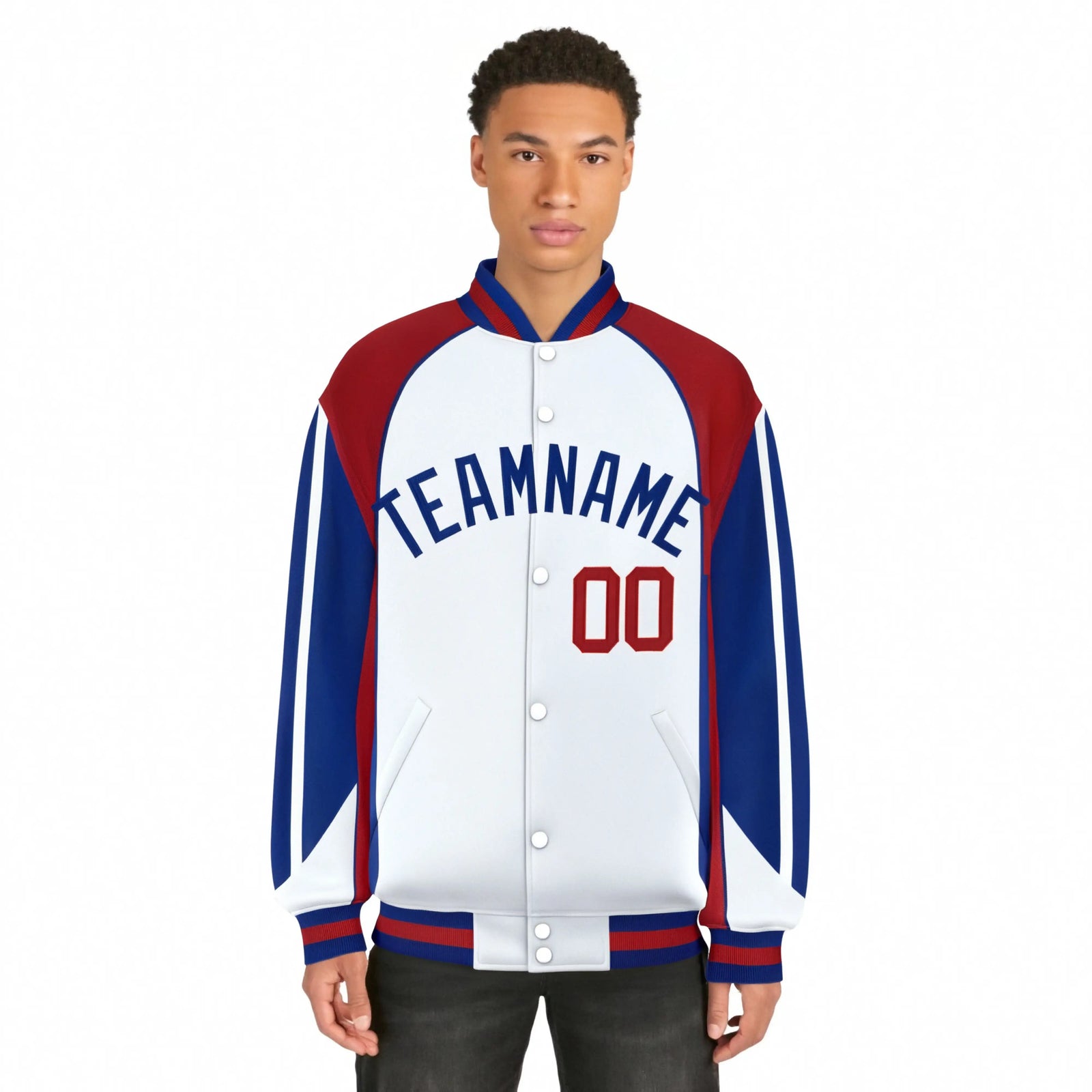 Custom White Red-Blue Raglan Sleeves Varsity Letterman Two Tone Jacket