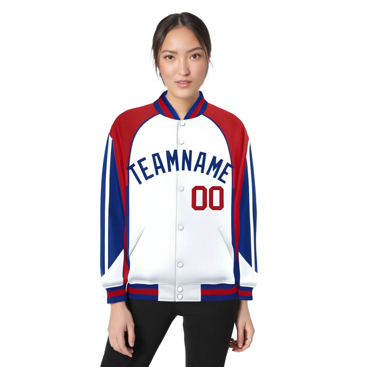 Custom White Red-Blue Raglan Sleeves Varsity Letterman Two Tone Jacket