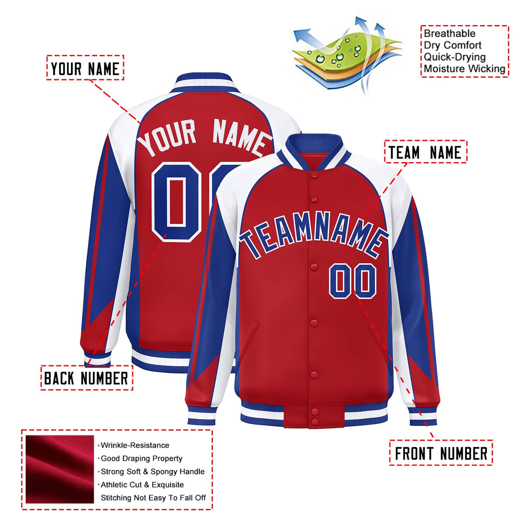 Custom Royal-Red White-Blue Navy Raglan Sleeves Varsity Letterman Two Tone Jacket