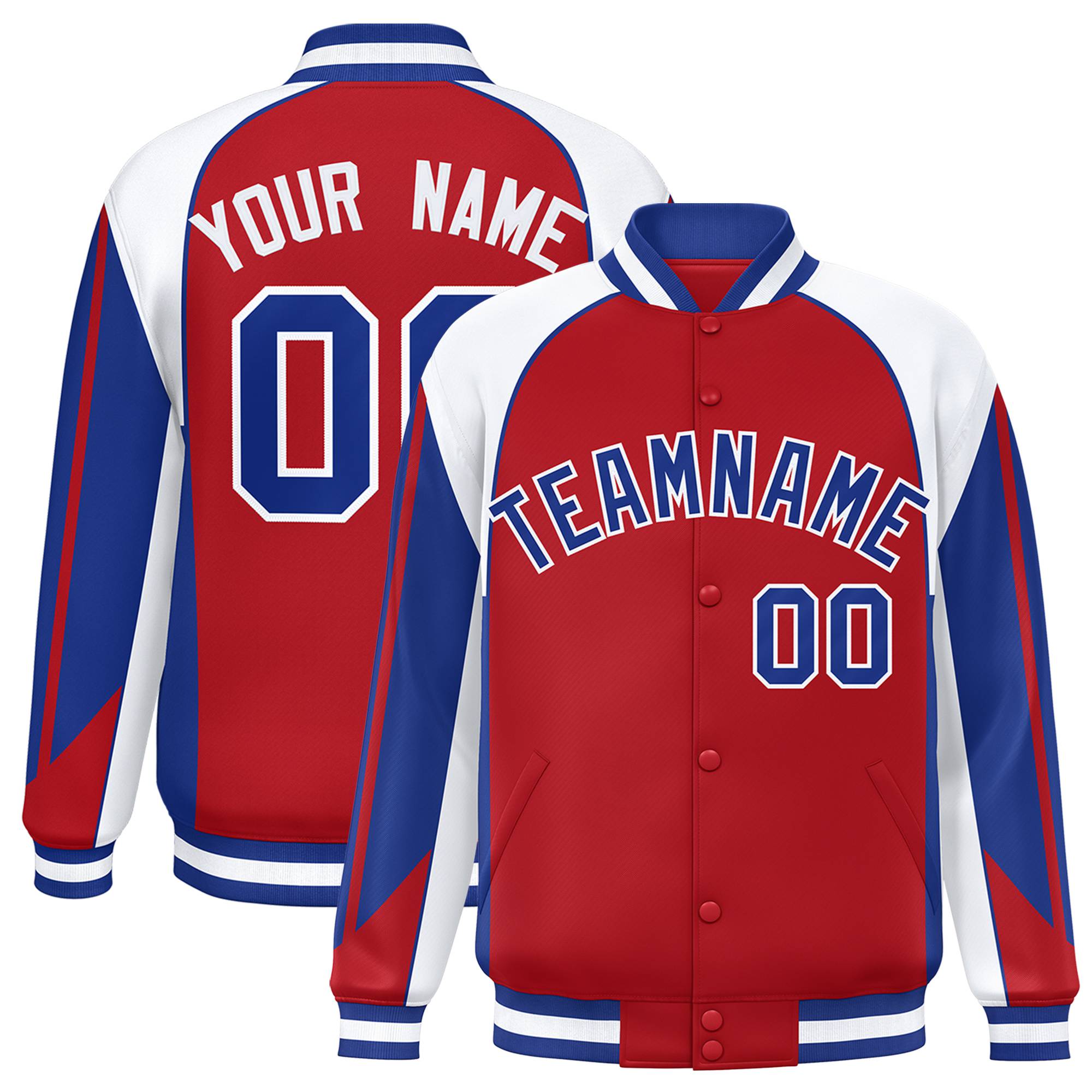 Custom Royal-Red White-Blue Navy Raglan Sleeves Varsity Letterman Two Tone Jacket