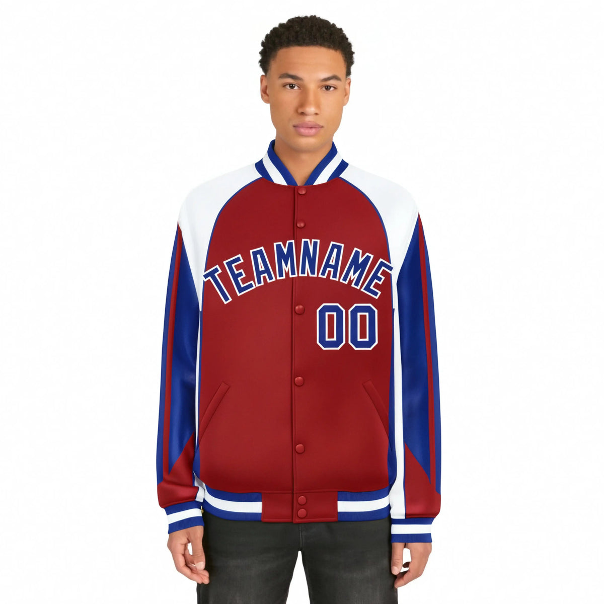 Custom Royal-Red White-Blue Navy Raglan Sleeves Varsity Letterman Two Tone Jacket
