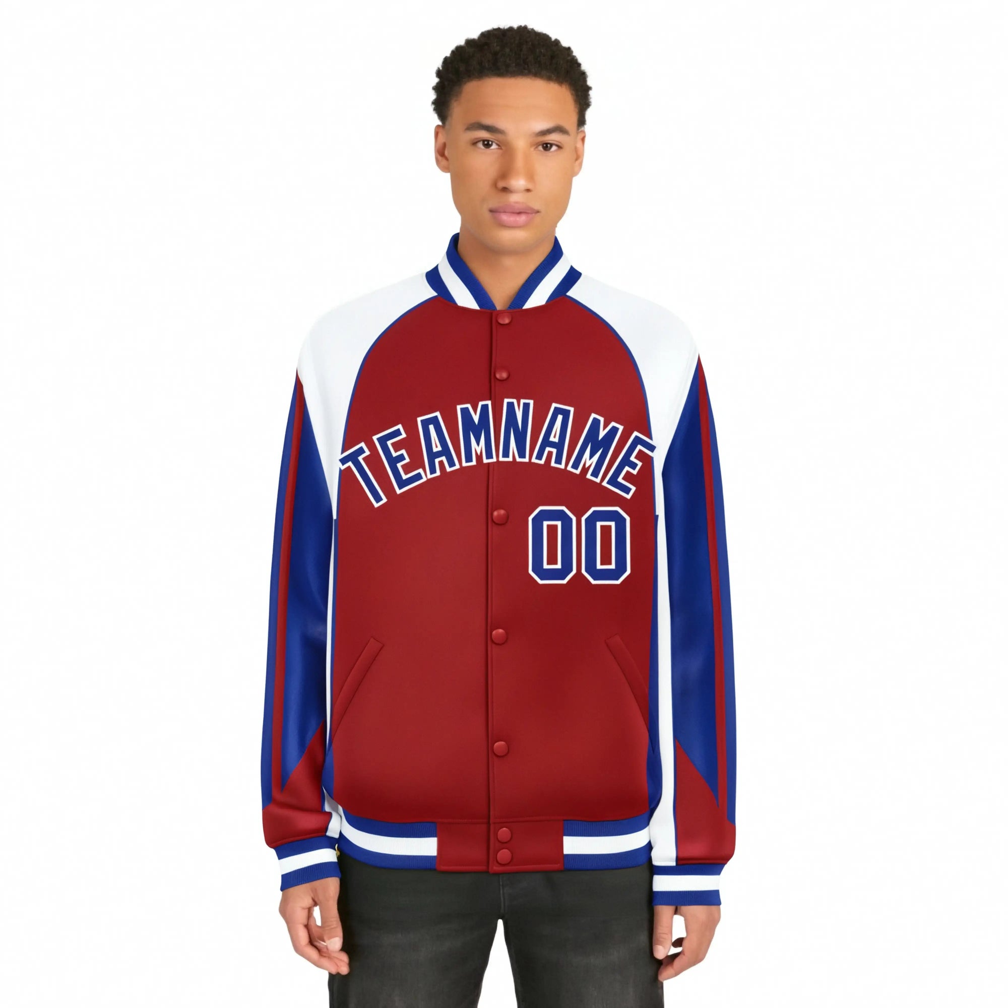 Custom Royal-Red White-Blue Navy Raglan Sleeves Varsity Letterman Two Tone Jacket