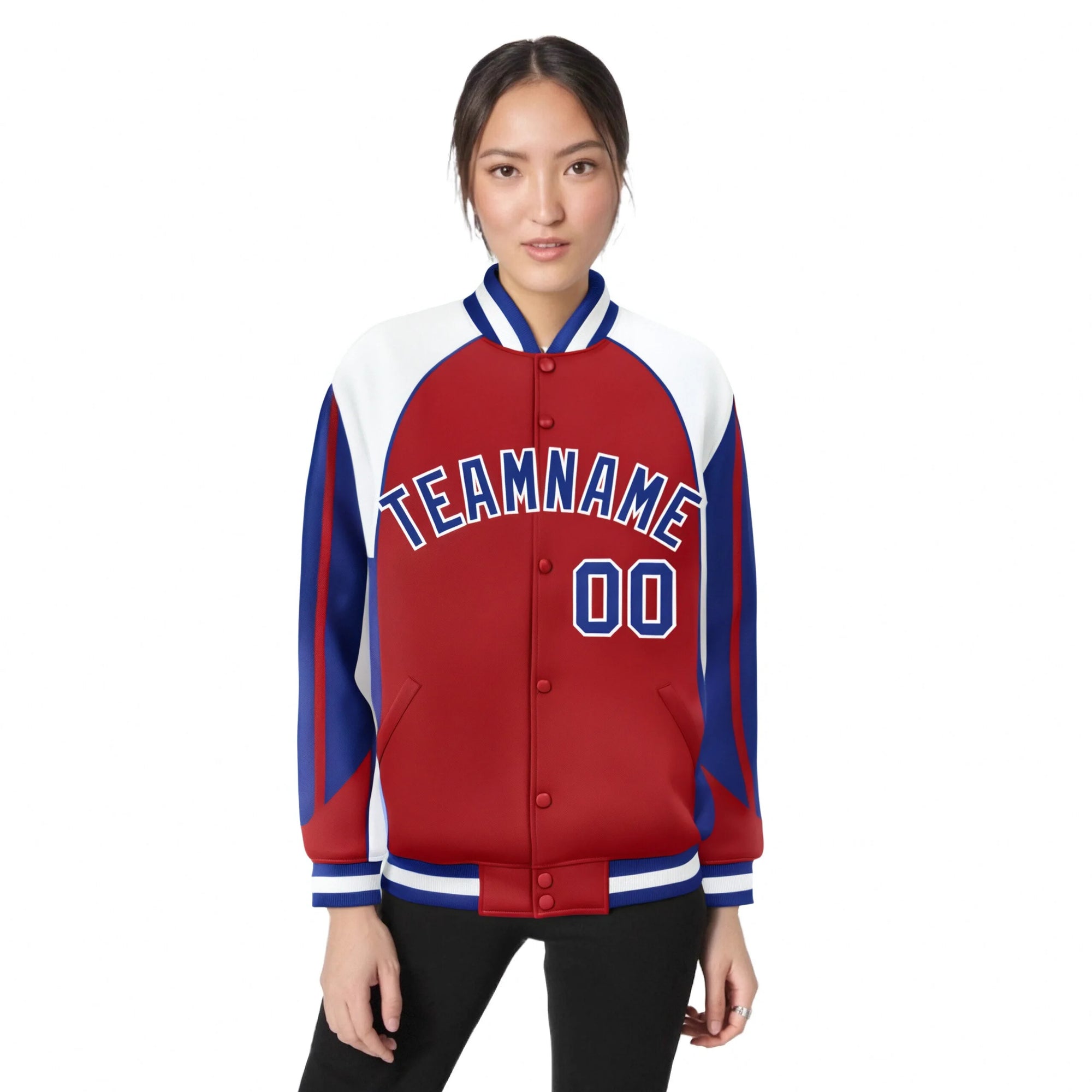 Custom Royal-Red White-Blue Navy Raglan Sleeves Varsity Letterman Two Tone Jacket