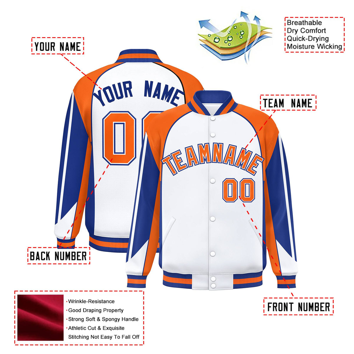 Custom White Orange-Blue Raglan Sleeves Varsity Letterman Two Tone Jacket