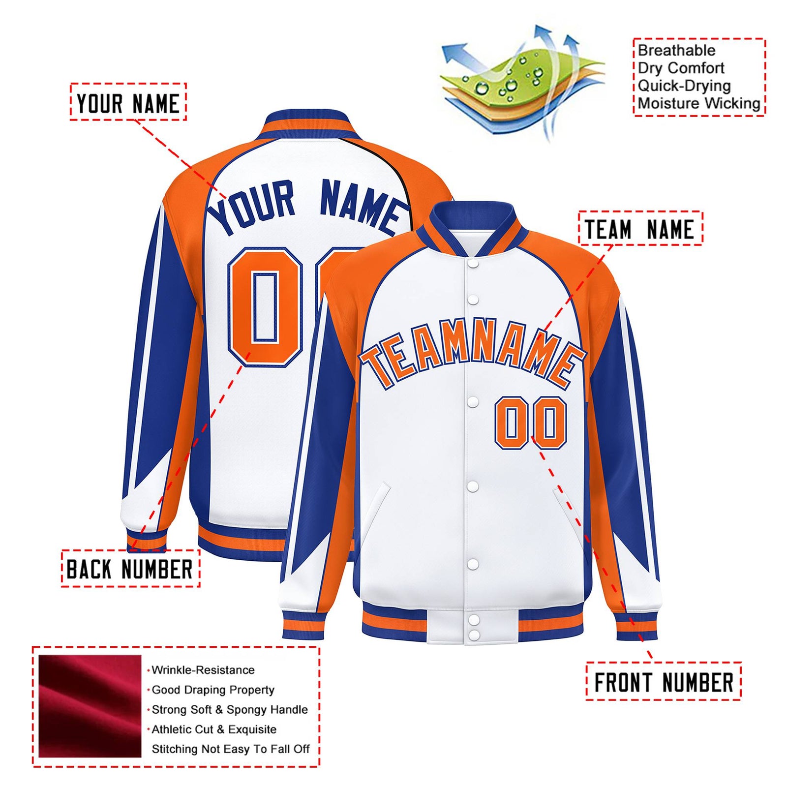 Custom White Orange-Blue Raglan Sleeves Varsity Letterman Two Tone Jacket