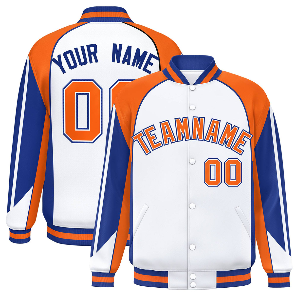 Custom White Orange-Blue Raglan Sleeves Varsity Letterman Two Tone Jacket