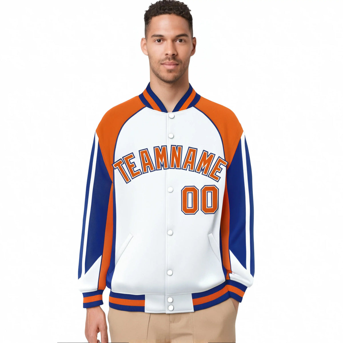 Custom White Orange-Blue Raglan Sleeves Varsity Letterman Two Tone Jacket
