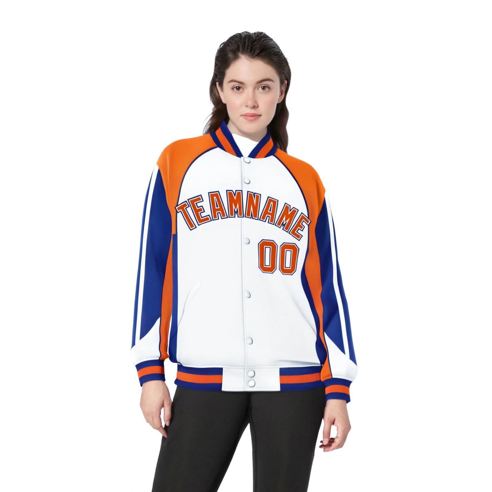 Custom White Orange-Blue Raglan Sleeves Varsity Letterman Two Tone Jacket