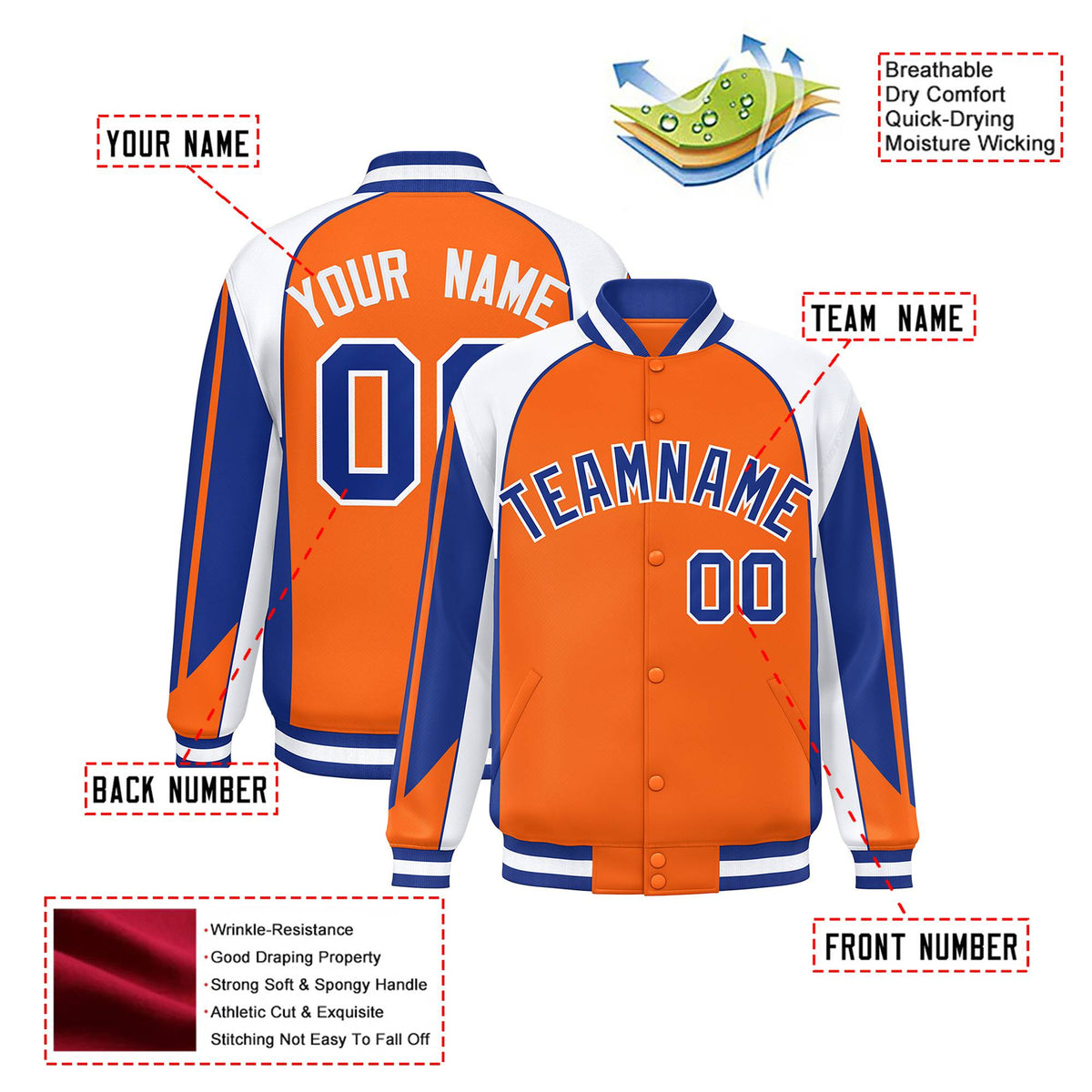Custom Orange White-Blue Raglan Sleeves Varsity Letterman Two Tone Jacket