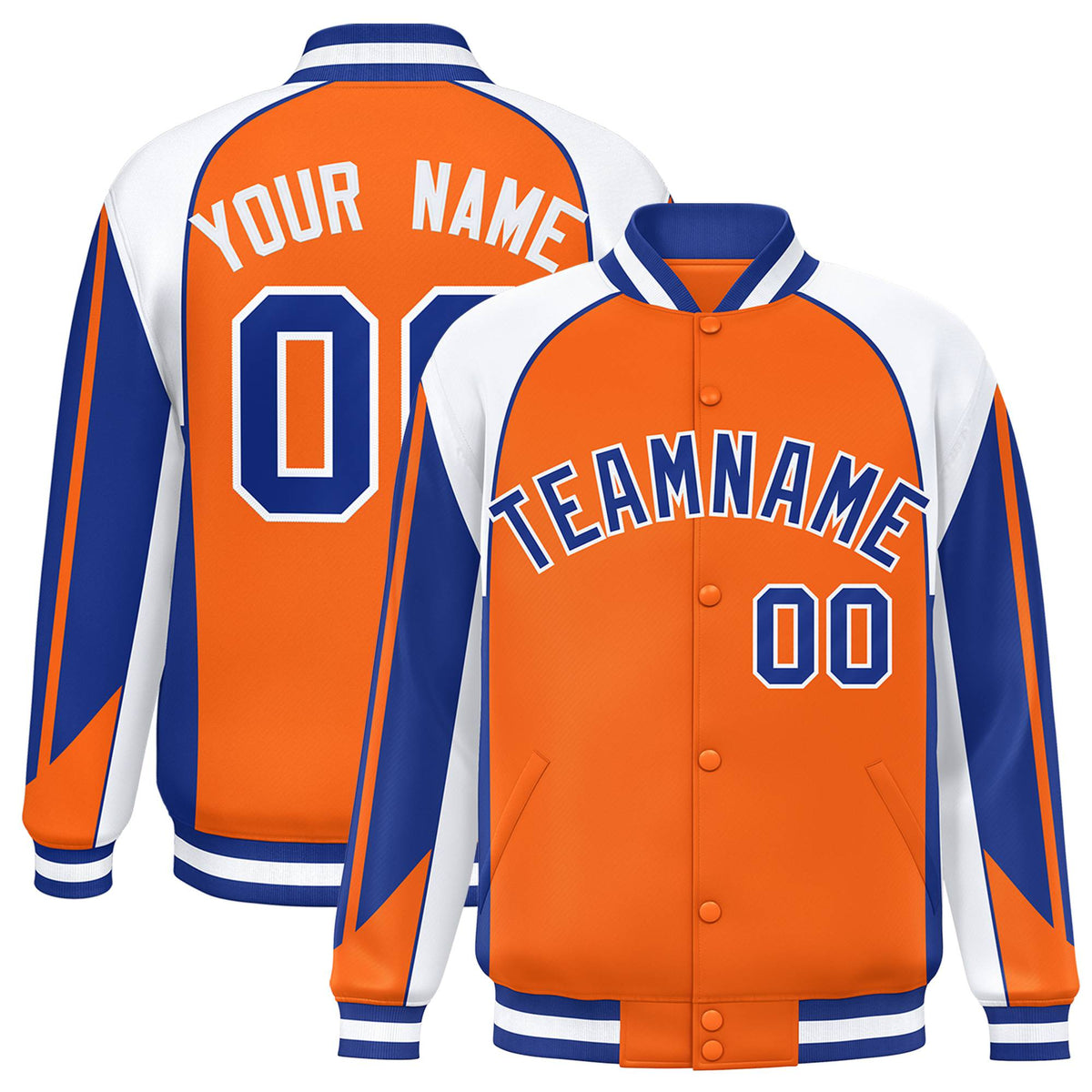 Custom Orange White-Blue Raglan Sleeves Varsity Letterman Two Tone Jacket