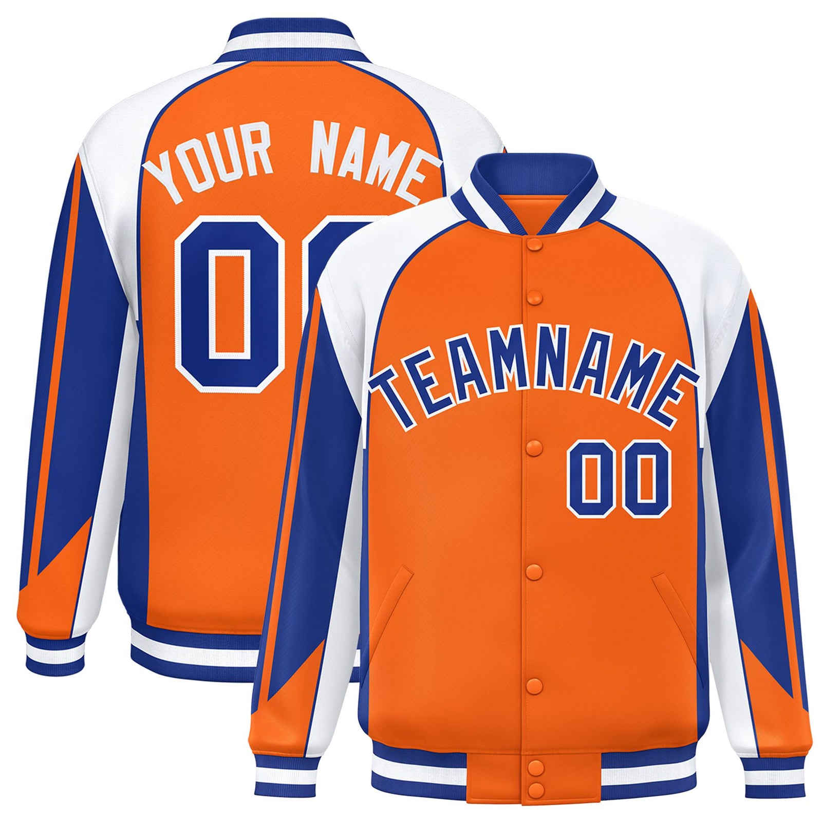 Custom Orange White-Blue Raglan Sleeves Varsity Letterman Two Tone Jacket