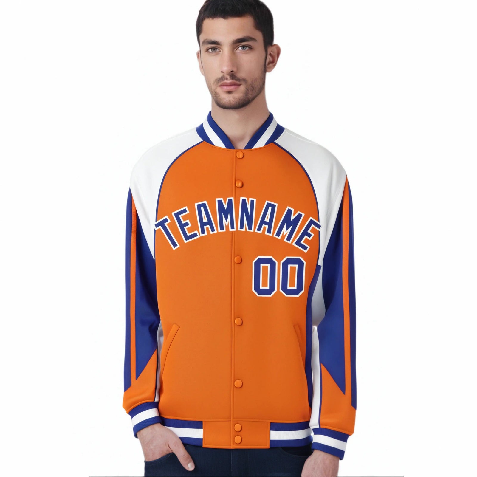 Custom Orange White-Blue Raglan Sleeves Varsity Letterman Two Tone Jacket