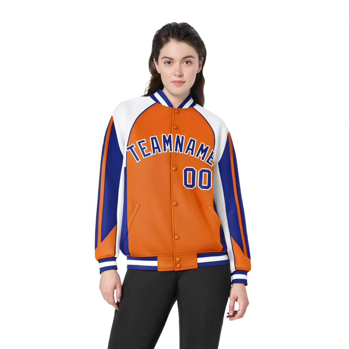 Custom Orange White-Blue Raglan Sleeves Varsity Letterman Two Tone Jacket