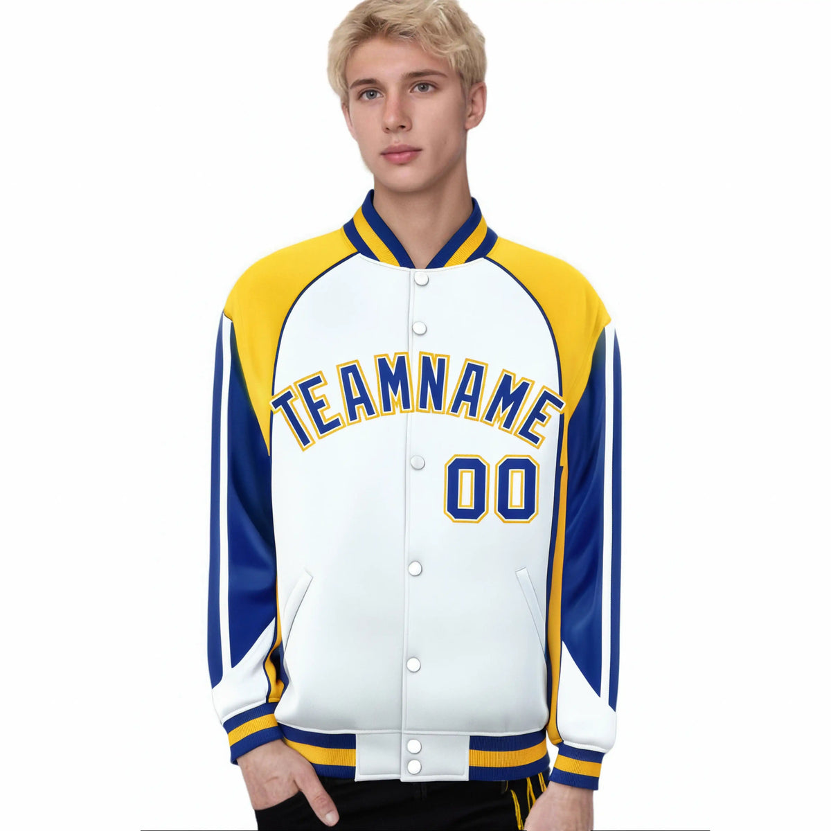 Custom White Yellow-Blue Raglan Sleeves Varsity Letterman Two Tone Jacket