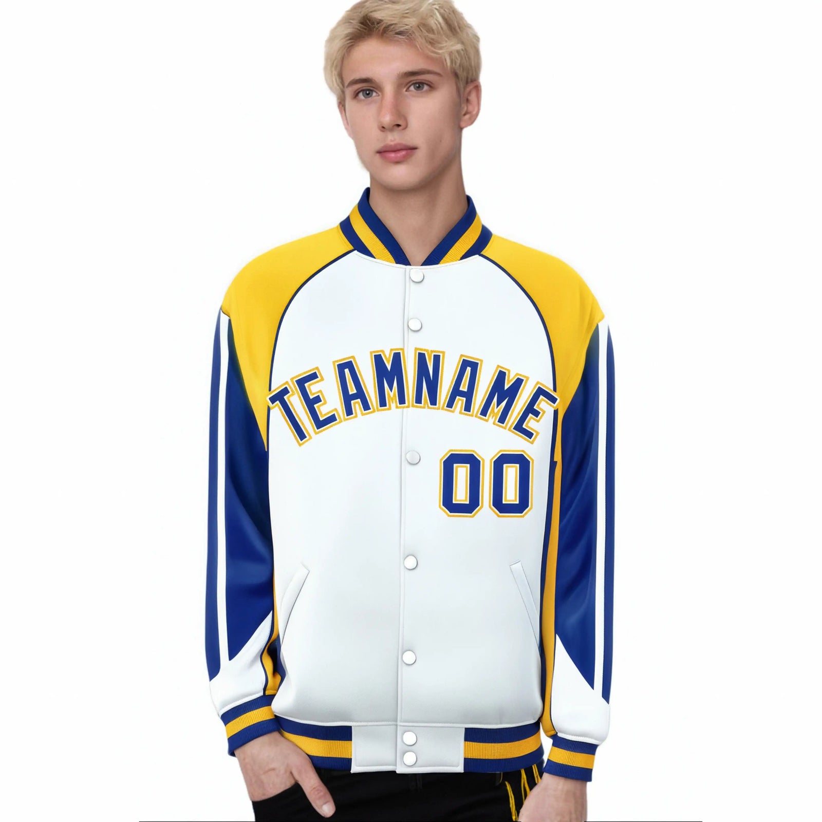 Custom White Yellow-Blue Raglan Sleeves Varsity Letterman Two Tone Jacket