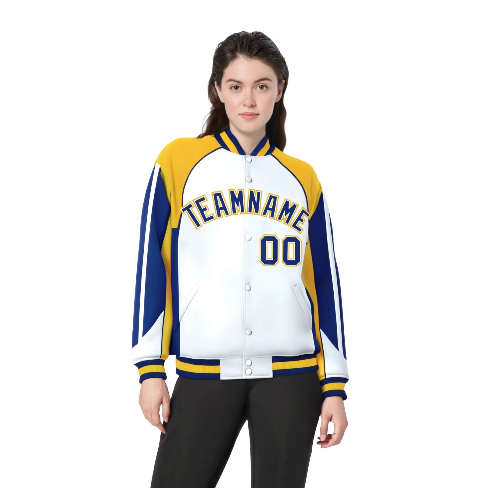 Custom White Yellow-Blue Raglan Sleeves Varsity Letterman Two Tone Jacket