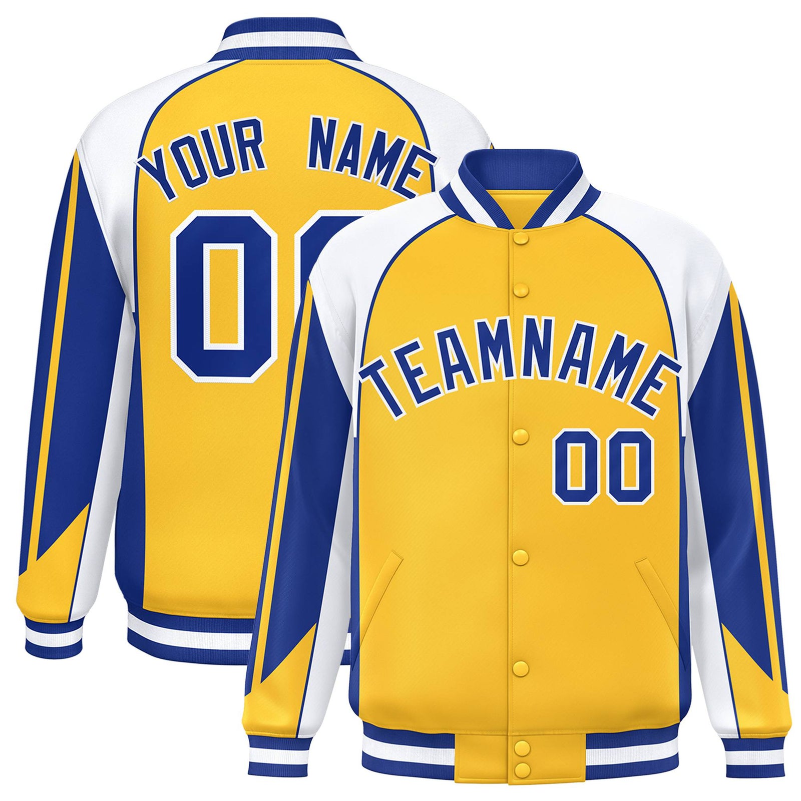 Custom Yellow White-Blue Raglan Sleeves Varsity Letterman Two Tone Jacket